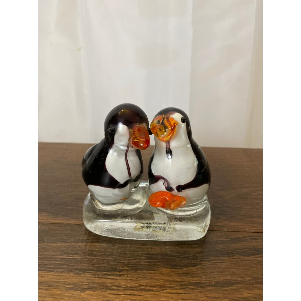 Adorable Handblown‎ Glass Penguins on Iceberg Paperweight